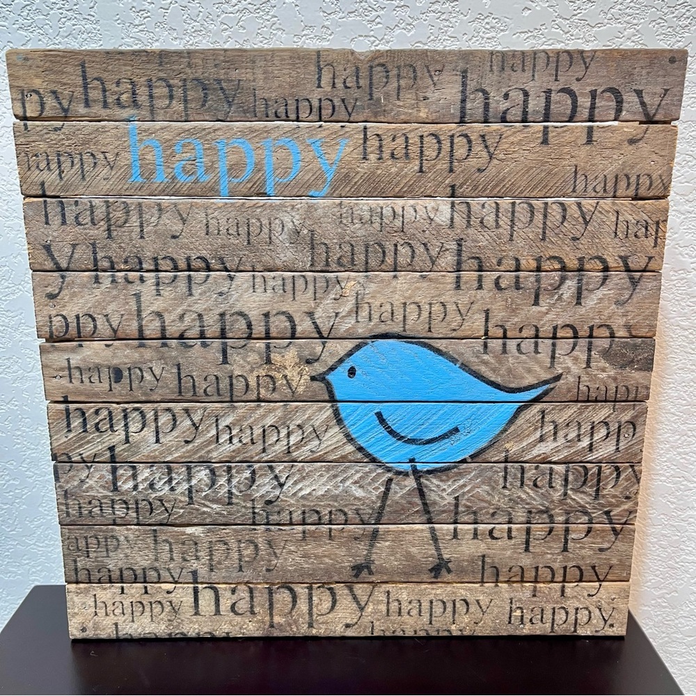 🤠RUSTIC🤠 Second Nature By Hand Reclaimed Wood Blue Bird Happy Sign  14” x 14”